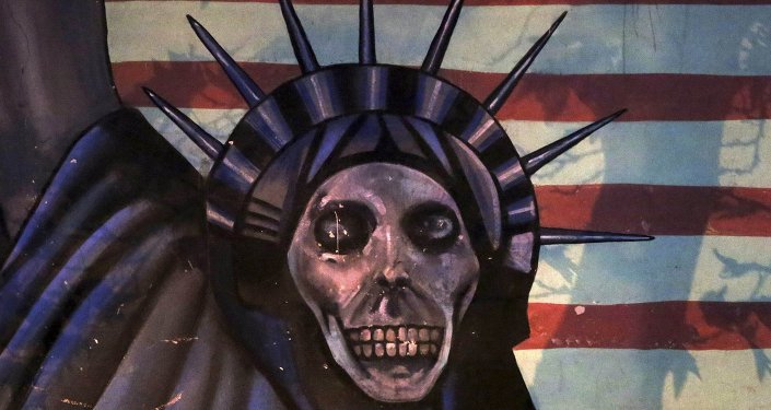 Satirized painting of the Statue of Liberty painted on the wall of the former US Embassy, in Tehran, Iran
