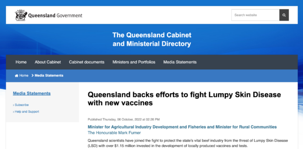 Capture d'�cran du gouvernement du Queensland annon�ant la cr�ation d'un vaccin � ARNm pour le b�tail, 
le 19 avril 2023. (Capture d'�cran par The Epoch Times)