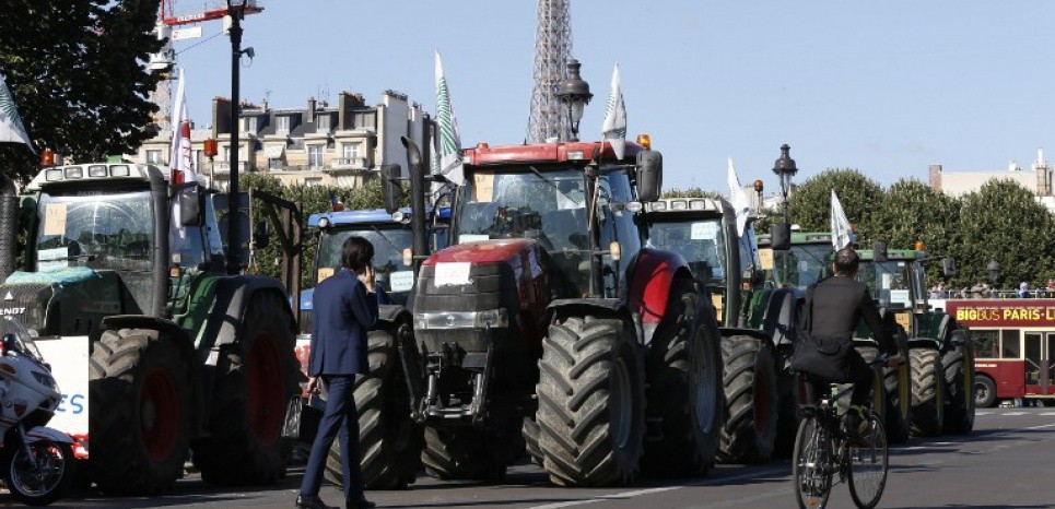 "Paysans en dtresse", "La mort est dans le pr", "France, n'abandonne pas tes paysans!" peut-on lire sur les tracteurs. THOMAS SAMSON AFP
