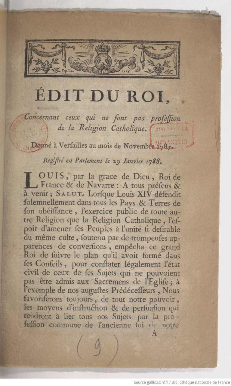 Édit... concernant ceux qui ne font pas profession de la religion catholique... Registré en Parlement le 29 janvier 1788 - vue 3 - page 1