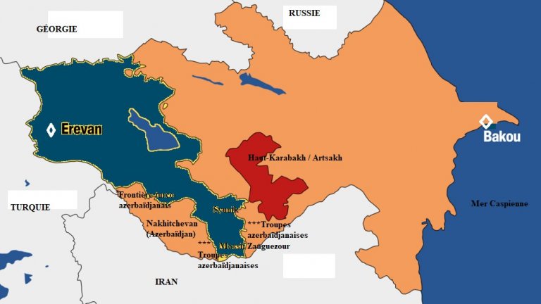 Carte : Situation actuelle dans le Caucase sud avec des troupes azerbaïdjanaises amassées aux frontières avec l'Arménie 