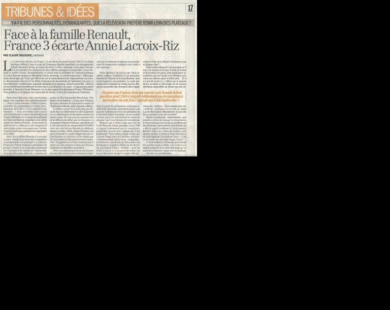 Claude Mazauric, professeur émérite d'histoire moderne, Tribune L'Humanité, le 23/12/11