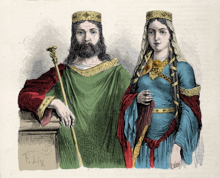 Clovis (481-511) roi des Francs avec sa seconde �pouse Sainte Clotilde (Clothilde) reine. Gravure par Lix - Frederic Theodore Lix